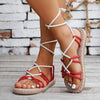 Women's Round Toe Linen Woven Flat Sandals with Color Block Straps 67351526C