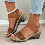 Women's Peep Toe Chunky Heel Sandals with Elastic Straps 87378753C