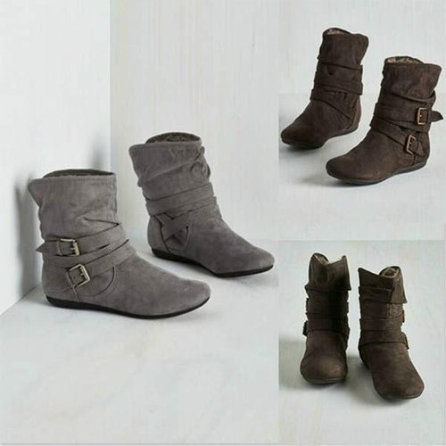 Women's Flat Double-Buckle Fleece-Lined Naked Boots 98155318C