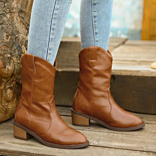 Women's Pointed Toe Chunky Heel Western Cowboy Boots 21154563C