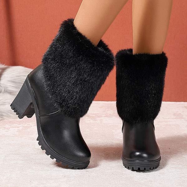 Women's High Heel Chunky Heel Back Zipper Short Boots with Fuzzy Collar 14619724C