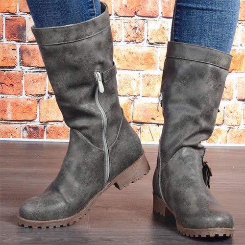 Women's Square Heel Low to Mid-Calf Casual Boots with Side Zipper 18716292C