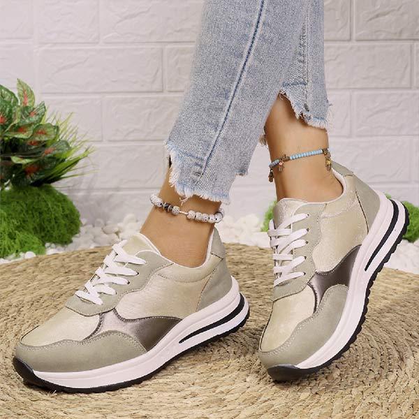 Women's Round Toe Flat Lace Up Contrast Color Sneakers 48714342C