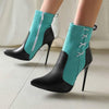 Women's Pointed-Toe Stiletto Super High-Heel Color-Block Ankle Boots with Side Zipper 24008823C