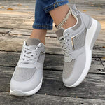 Women's Thick-Soled Casual Lace-Up Rhinestone Sneakers 49082393C