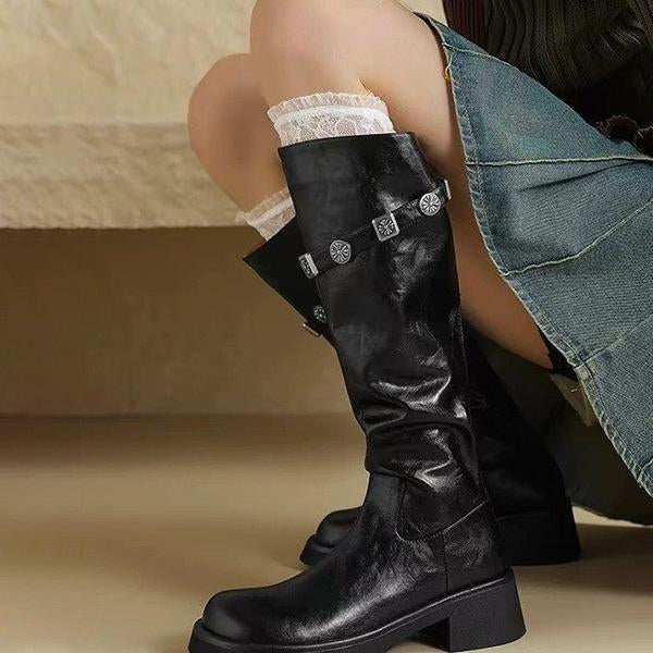 Women's Retro Thick Sole Back Zipper Knee-High Boots 70560999S