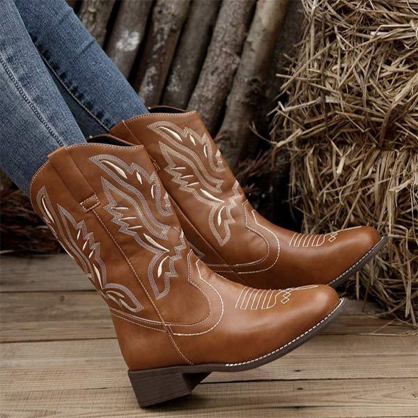 Women's Embroidered Chunky Heel Riding Boots 77036496C