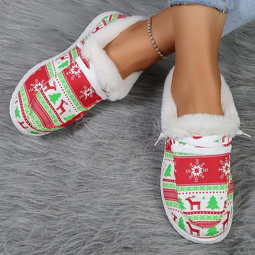 Women's Casual Christmas Printed Plush Flats 87424281S