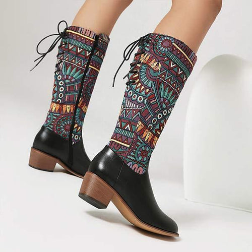 Women's Vintage Ethnic Style Patchwork Knee-High Boots 72245782C