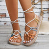 Women's Round Toe Linen Woven Flat Sandals with Color Block Straps 67351526C