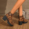 Women's Round Toe Thick Sole High Heel Leopard Print Combat Boots 04891976C