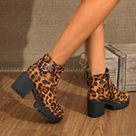 Women's Round Toe Thick Sole High Heel Leopard Print Combat Boots 04891976C