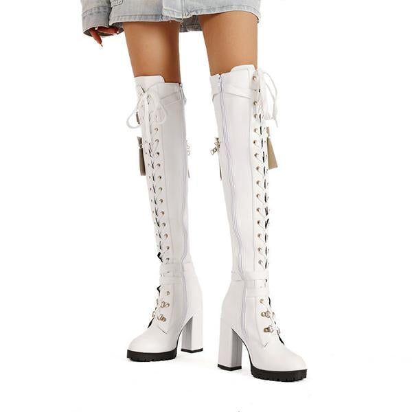 Women's Fashion Buckle Lace-Up Over-The-Knee Boots 72627014S