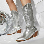 Women's Fashion Metal Buckle Chunky Heel Cowboy Boots 00949097S