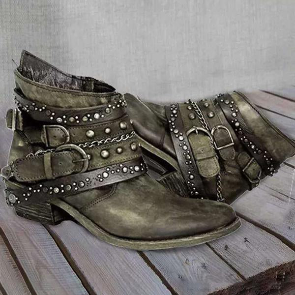 Women's Retro Belt Chain Decorated Chunky Heel Ankle Boots 96929472S