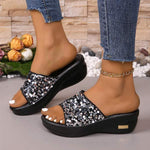 Women's Sequined Thick-Soled Wedge Slippers 67252618C