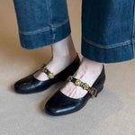 Women's Genuine Leather Mary Jane Shoes with Metal Strap Buckle 26092073C