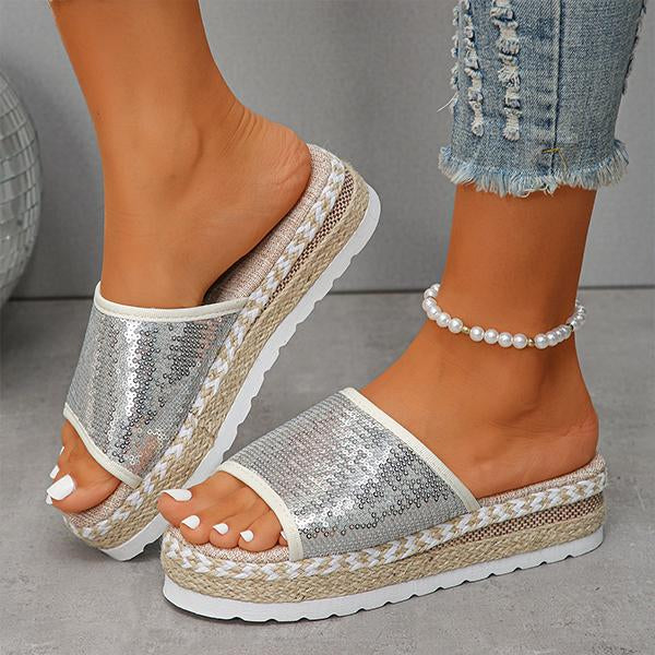 Women's Round Toe Sequined Fashion Thick Soled Slippers 20367082S