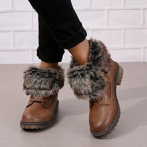 Women's Fashionable Plush Lace-Up Lapel Martin Boots 39400575S