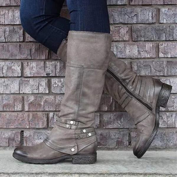 Women's Low Heel Square Toe Riding Boots with Belt Buckle High Shaft Boots 48479688C