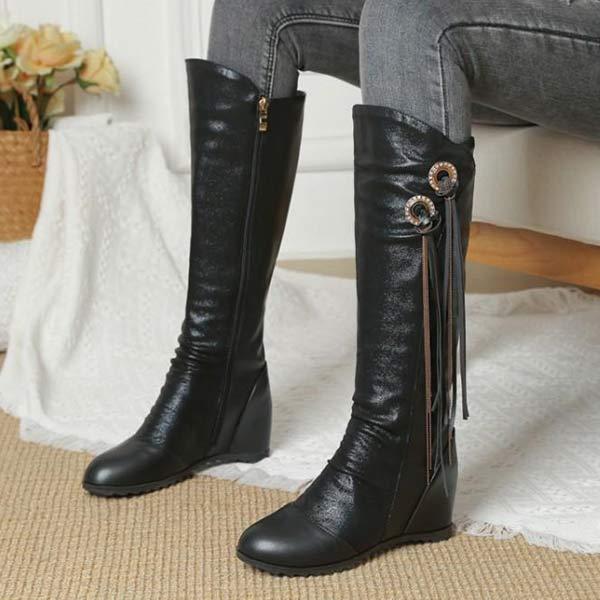 Women's Hidden Wedge Fringe Side-Zip Knee-High Boots 53079028C