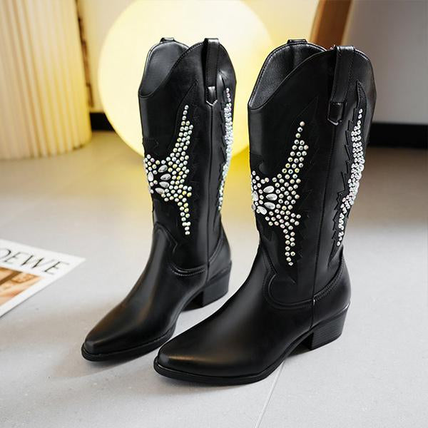 Women's Fashionable Rhinestone Block Heel Western Boots 66549369S