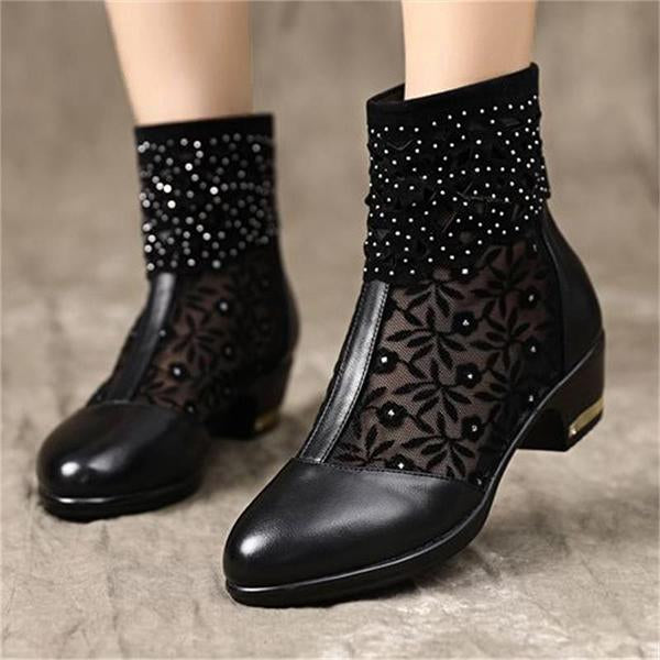 Women's Casual Rhinestone Hollow Block Heel Ankle Boots 77177330S