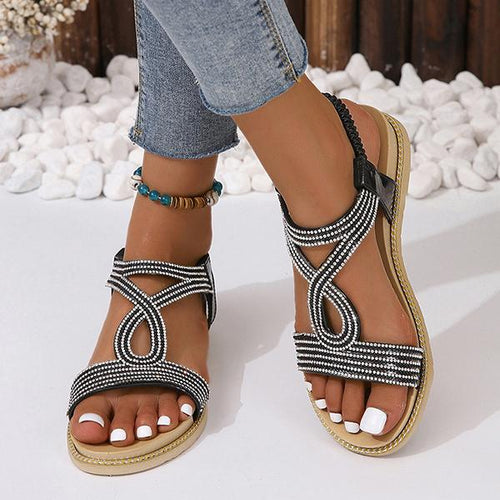 Women's Fashionable Rhinestone Elastic Strap Flat Sandals 22536350S