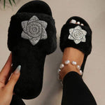 Women's Rhinestone Rose Flower One-Strap Cotton Slippers 21963463C