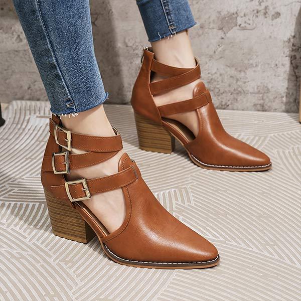 Women's High Heel Chunky Heel Pointed Toe Vintage Buckle Gladiator Boots 99714366C