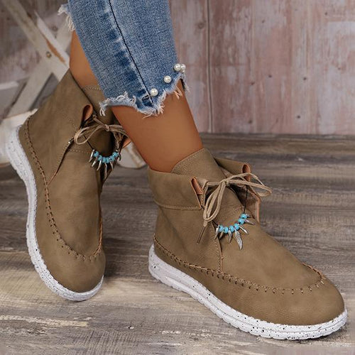 Women's Retro Casual Beaded Lace Up Flat Short Boots 17035191S