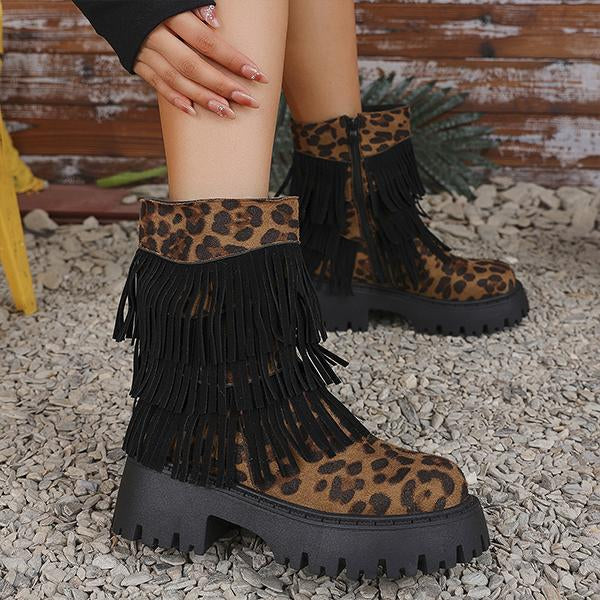 Women's Fashion Leopard Tassel Platform Ankle Boots 47923879S