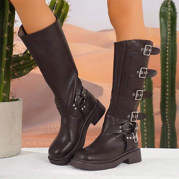 Women's Vintage Buckle Strap Knee-High Riding Boots 90530456C