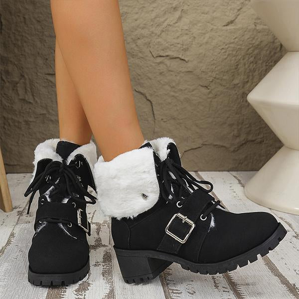 Women's Casual Plush Lace-Up Block Heel Snow Boots 94761948S