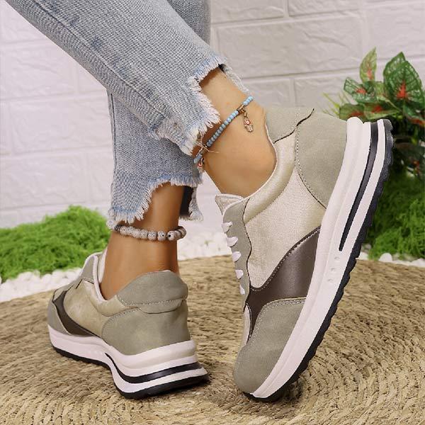 Women's Round Toe Flat Lace Up Contrast Color Sneakers 48714342C