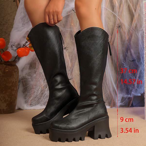 Women's Chunky Heel Zipper Back Thick Sole Knee-High Boots 26053521C