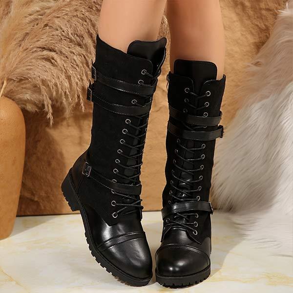 Women's PU Patchwork Denim Lace-Up Knee-High Boots 79900021C