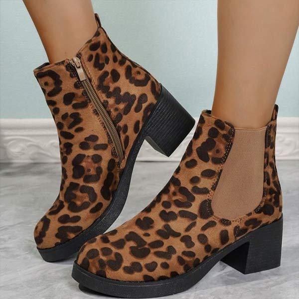 Women's Leopard Print Round Toe Block Heel Ankle Boots 17569337C