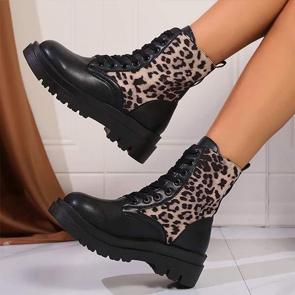 Women's Front Lace-Up Leopard Print Martin Boots 24809240C