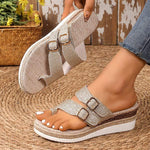 Women's Belt Buckle Thong Toe Wedge Sandals 71601617C