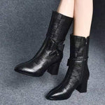 Women's Pointed Toe Side Zipper Vintage Bow Detail Mid-Calf Boots 99222891C