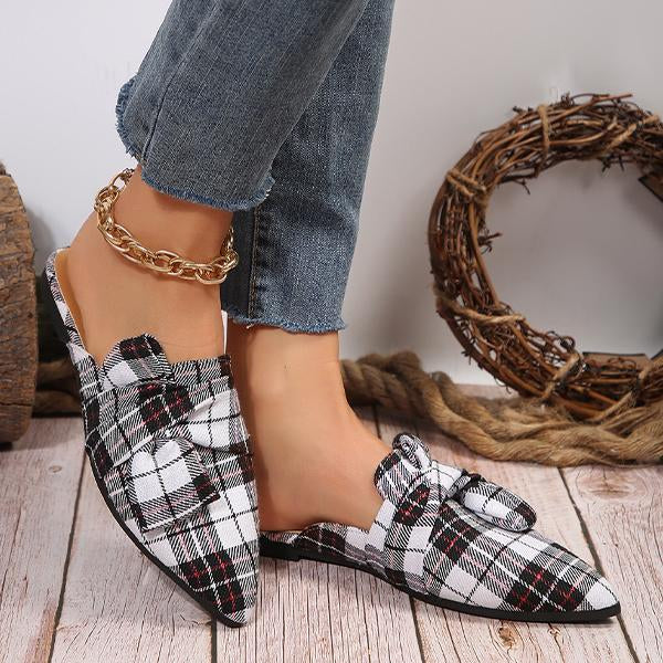 Women's Casual Plaid Bow Pointed Toe Half Slippers 08803297S