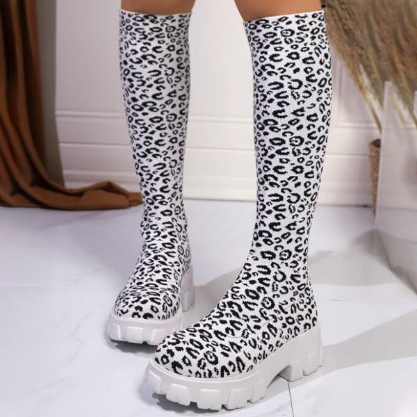 Women's Block Heel Leopard Print Knee-High Sock Boots 04685952C