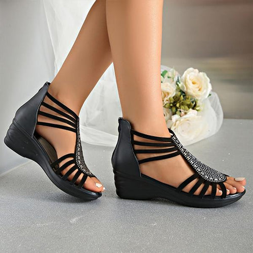 Women's Rhinestone Zipper Hollow Wedge Sandals 76550133S