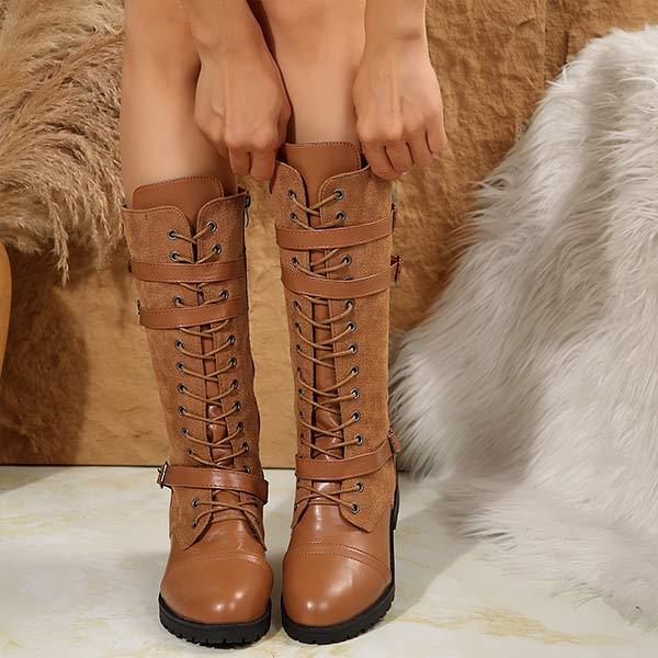 Women's PU Patchwork Denim Lace-Up Knee-High Boots 79900021C