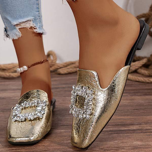 Women's Fashion Square Buckle Rhinestone Cap Toe Mules 34978463C