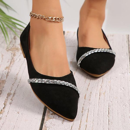 Women's Rhinestone Black Pointed Toe Slip-On Flats 72866873S