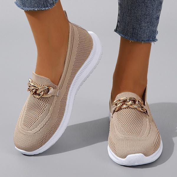 Women's Fashion Gold Chain Slip-on Fly Woven Sneakers 32082776C