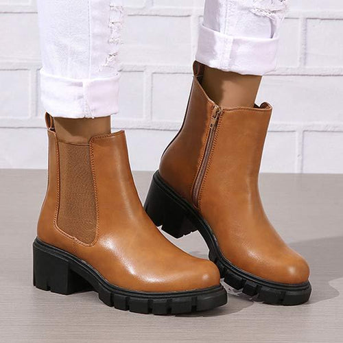 Women's Solid Color Elastic Ankle Boots with Chunky Heel 39387137C