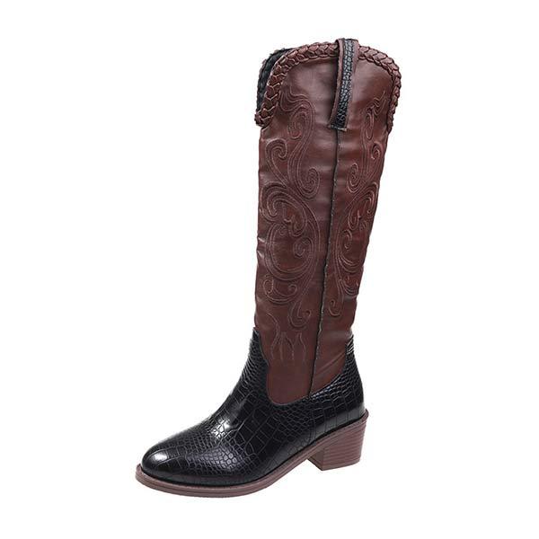 Women's Embroidered High-Top Straw Weave Chunky Heel Riding Boots 79679741C